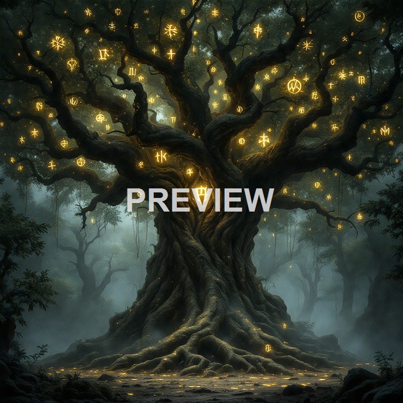 A large ancient tree in a foggy forest is illuminated by glowing symbols and runes embedded in its branches and trunk, creating a mystical and enchanted atmosphere.